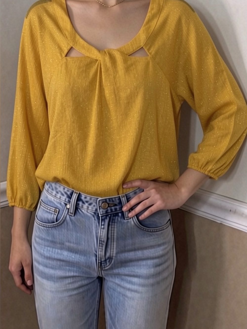💜 5 for $20! JM Collection Golden Mustard Tie-Front Cutout Blouse